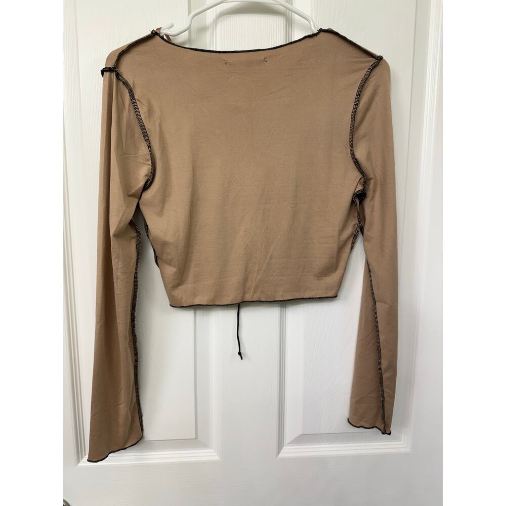 Love J medium long sleeve crop tie closure corset brown contrast stitching NEW - Picture 2 of 4